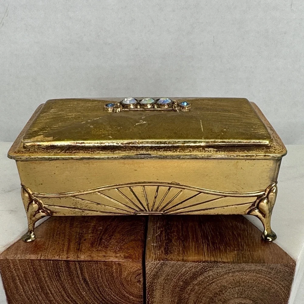 Estate Brass Jewelry Velvet Lined Casket with Gem Accents